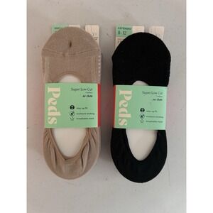 Womens Peds Socks Super Low Cut‎ 2 Packs Nude Cushion Black Lightweight Ext Size